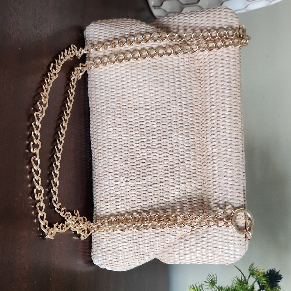 a new day Cream Woven Clutch with Gold Chain